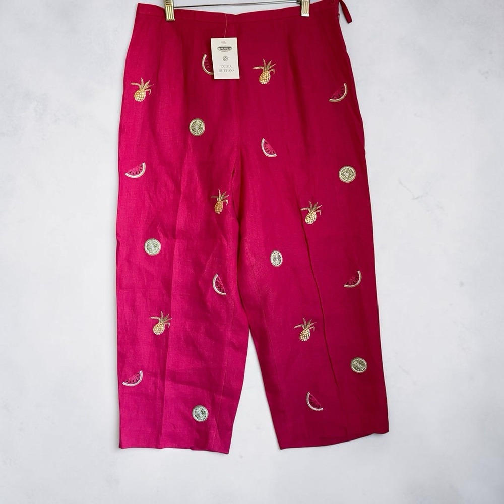 Vintage Talbots Irish Linen Ankle Pants Size 14 Embroidered Fruit Hot Pink Lined